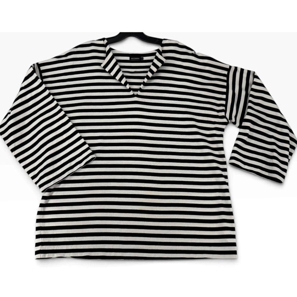 Marimekko Striped Top Womens Large Black White Excellent V-Neck Long Sleeve